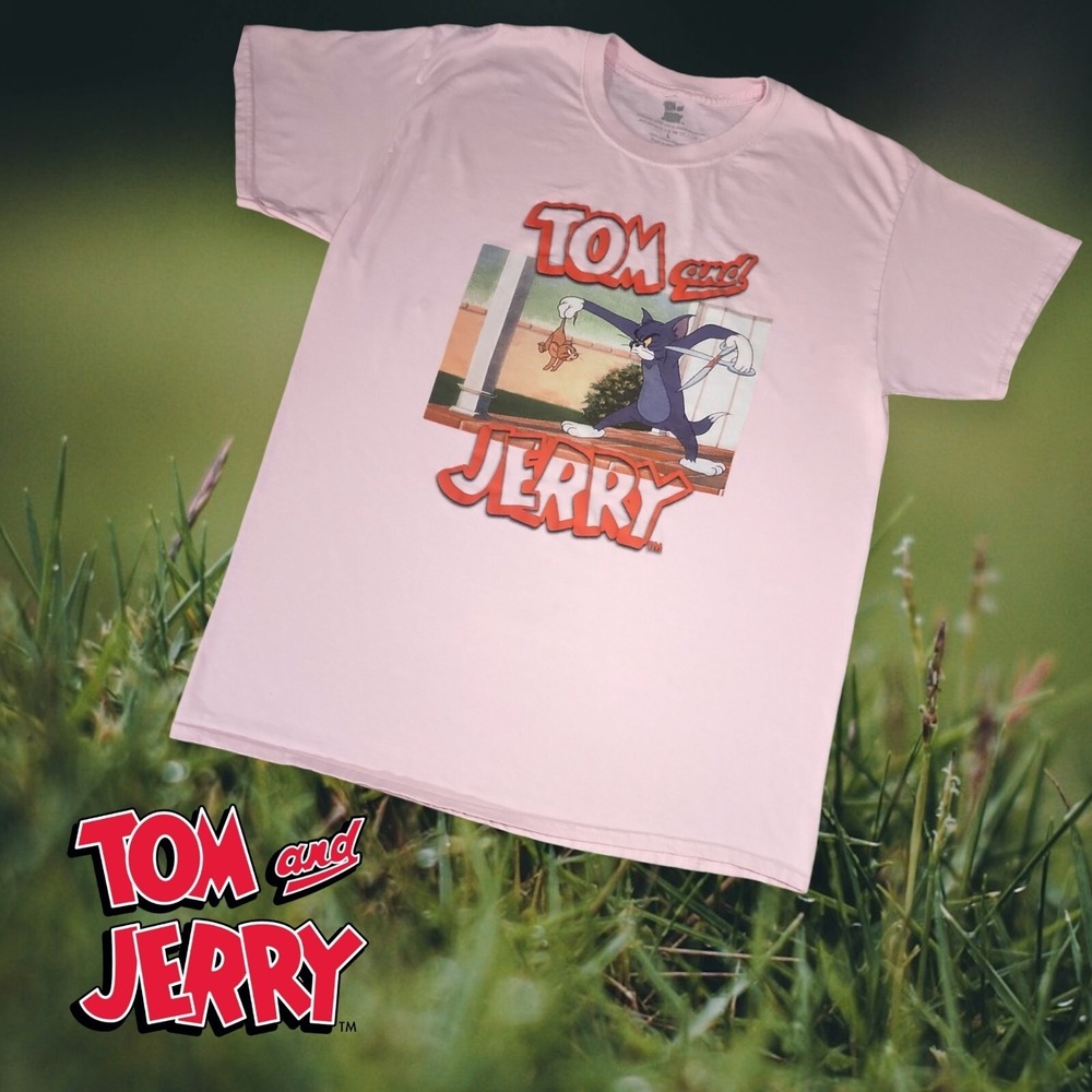 Tom and‎ Jerry Scissors Graphic T-Shirt Unisex Cartoon Retro Baby Pink Large